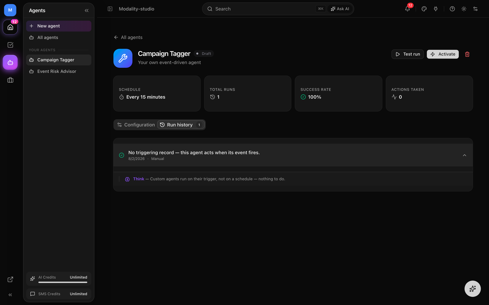 An agent's Run History tab, a run expanded to show its perceive / think / act steps with the eye, brain, and wrench phase icons, a status badge, and the run summary.
