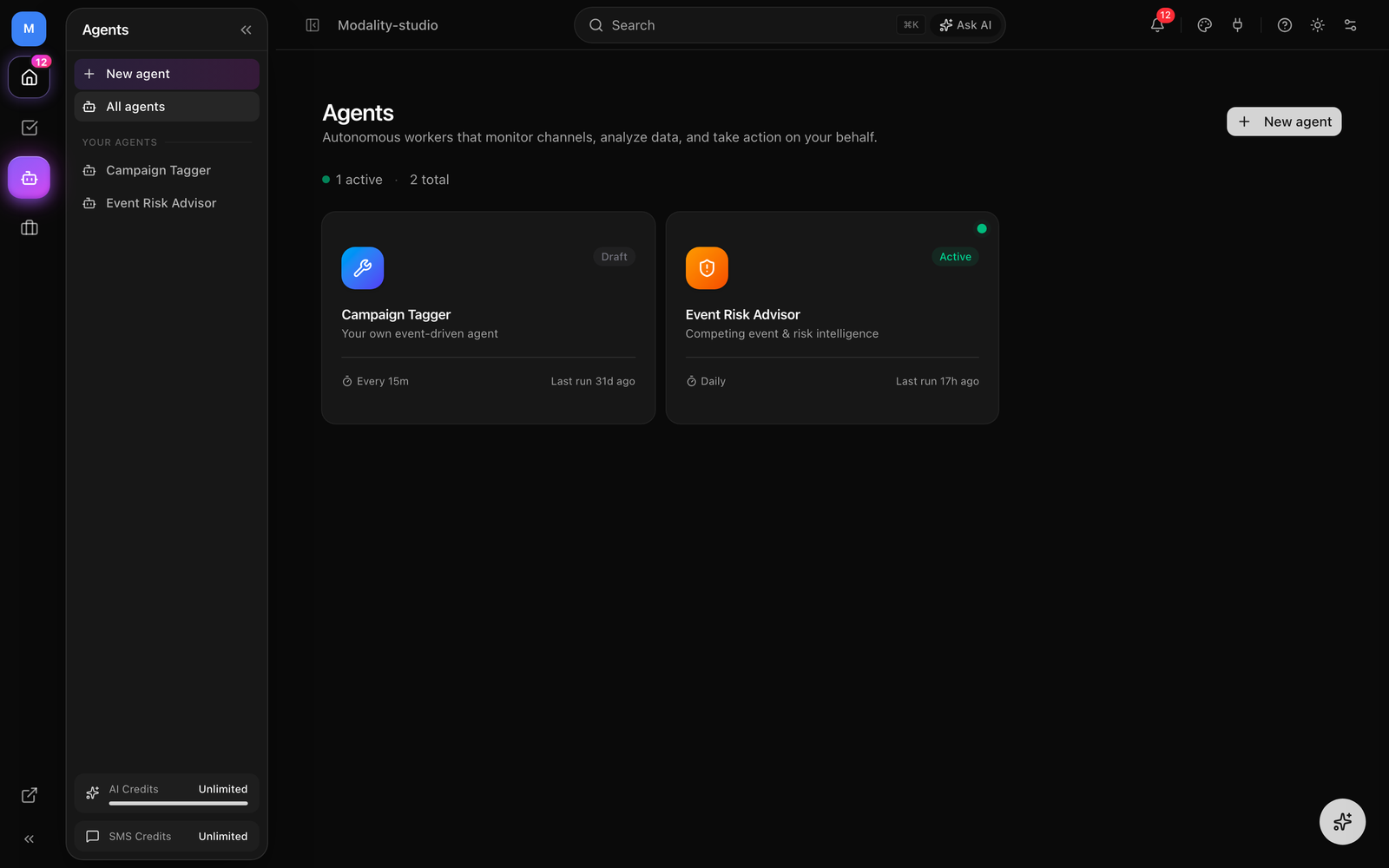 The Agents page, the agent gallery cards (Comment-to-Lead, Event Risk Advisor, Custom) with status badges, schedule, and last-run time, plus the pending-approval queue at the top.