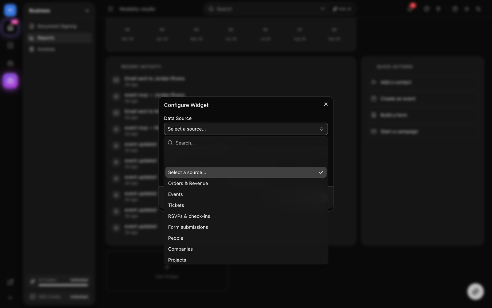 The widget config dialog with the Data Source dropdown open, showing the five domain sources (Orders & Revenue, Events, Tickets, RSVPs & check-ins, Form submissions) above the custom object types.