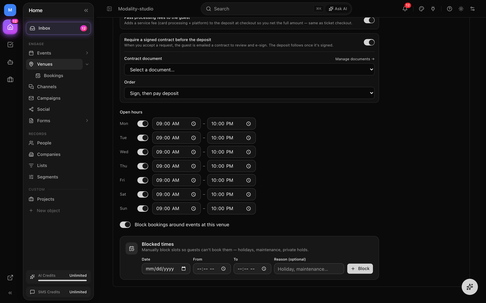 The Space editor showing open hours per weekday, slot interval, min/max duration, buffers before/after, min notice, max advance, and the 'block on events' toggle.