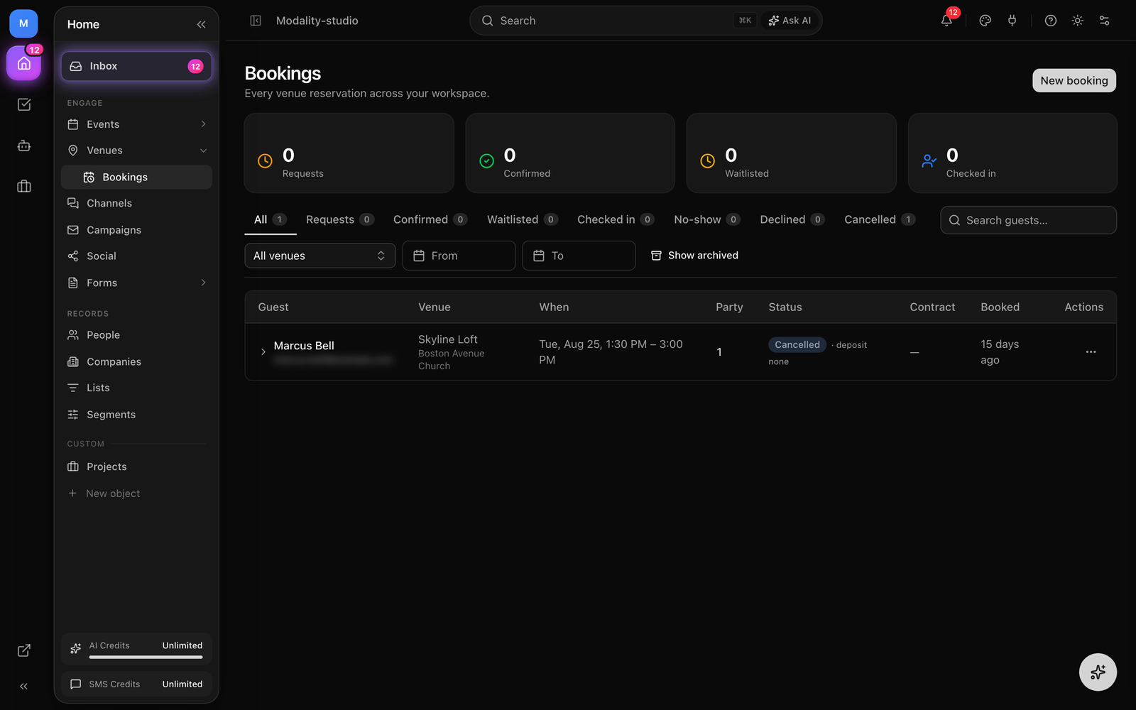 The workspace Bookings list showing reservations across spaces with status badges (Pending / Confirmed / Waitlisted / Declined), guest, space, date-time window, and deposit status; plus the Accept/Decline actions on a pending request.