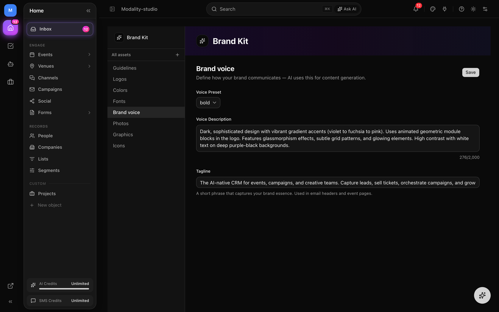 The Brand voice section, the Voice Preset dropdown (Professional / Casual / Luxury / Bold / Playful), the Voice Description textarea with character count, and the Tagline field.