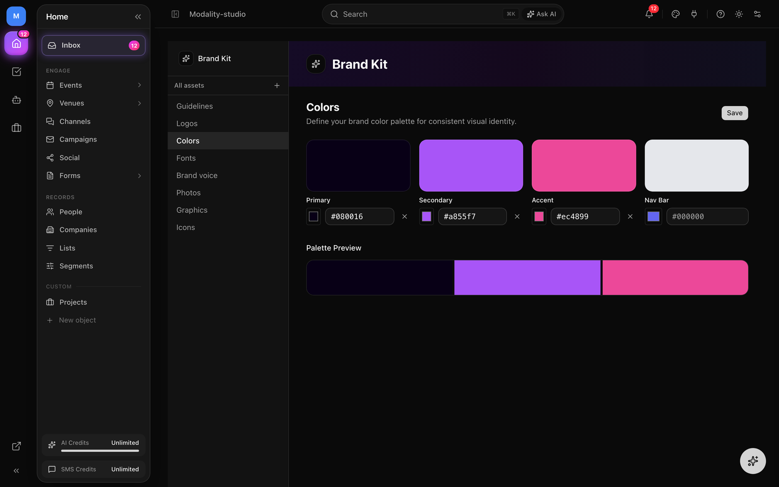 The Colors section showing the four swatches (Primary, Secondary, Accent, Nav Bar) with hex inputs and the Palette Preview strip below.