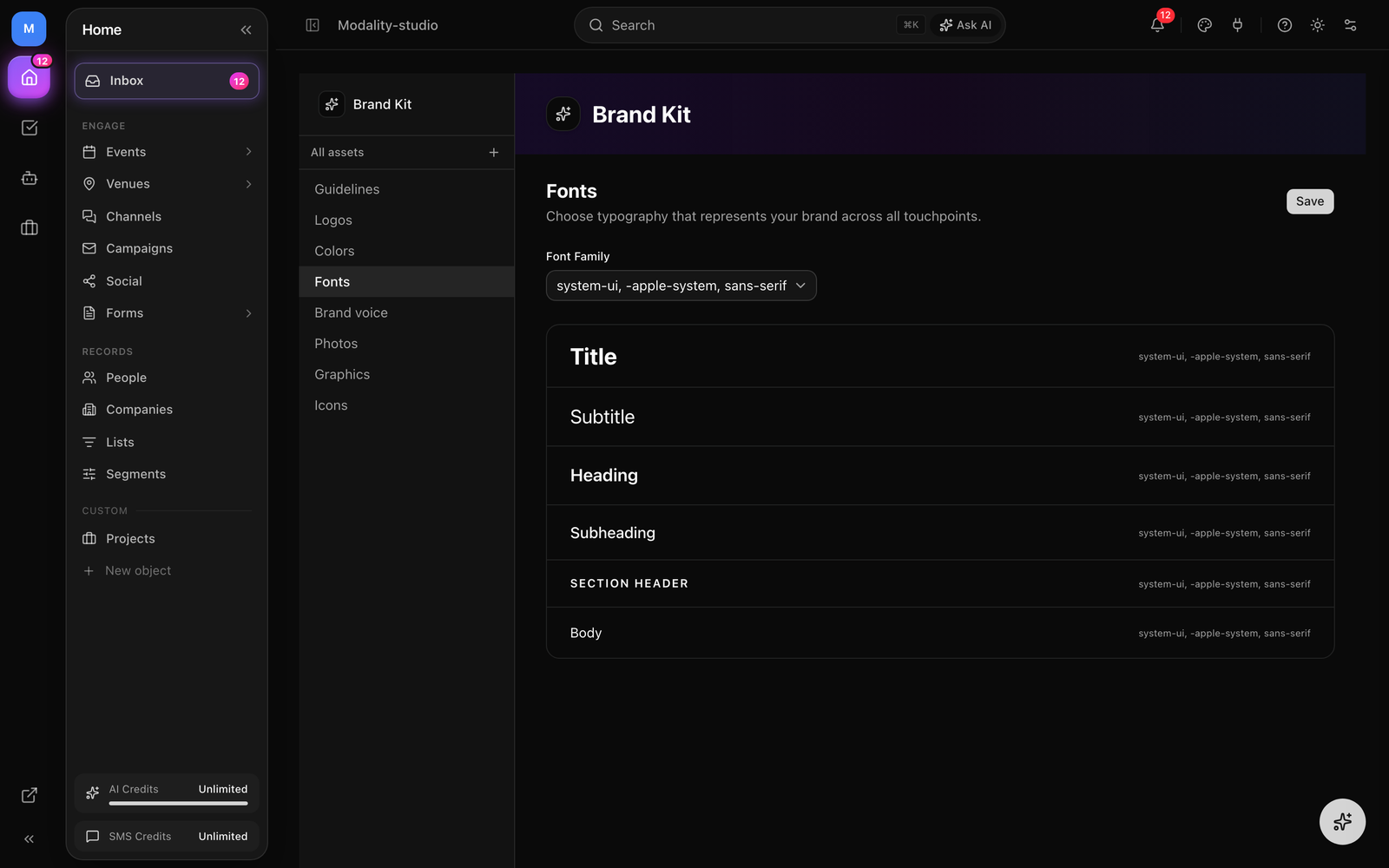 The Fonts section, the searchable Font Family dropdown and the six typography role previews (Title, Subtitle, Heading, Subheading, Section header, Body) rendered in the selected font.