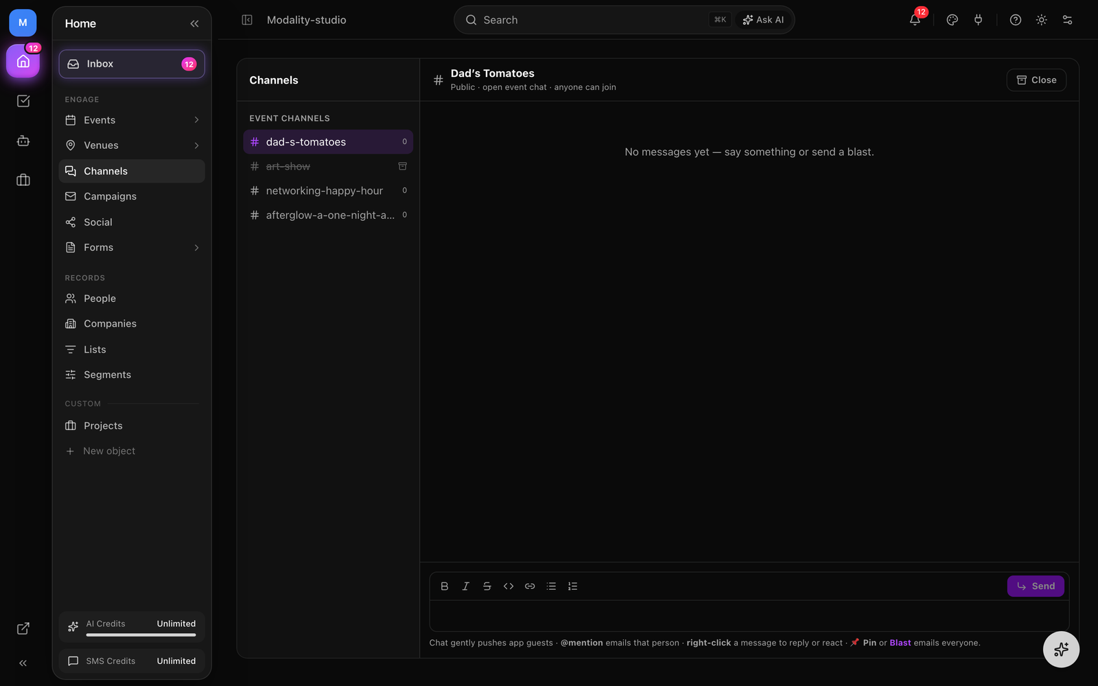 The dashboard Channels view with the left-hand list of event channels (🔒 private with member counts, 💬 public, dimmed archived) and the active thread on the right.