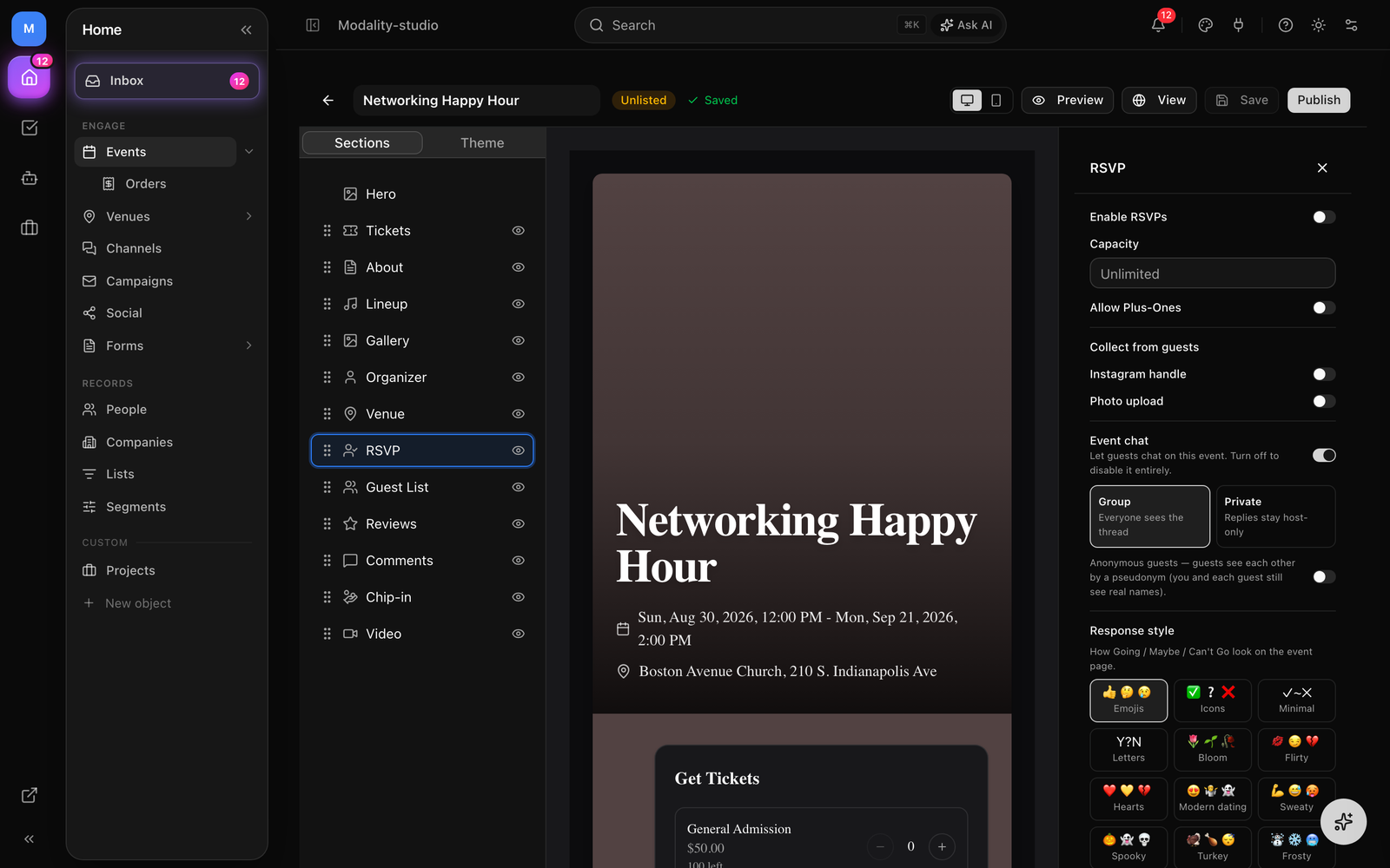 The event editor's chat controls showing the Event chat toggle, the Group / Private mode switch, and the Anonymous guests toggle.