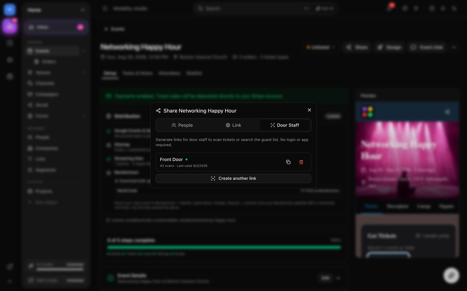 The Staff Scanner Links panel, an active 'Front Door' link showing its scan count and last-used date, the New Link creator with a label field, and the copy/revoke buttons.