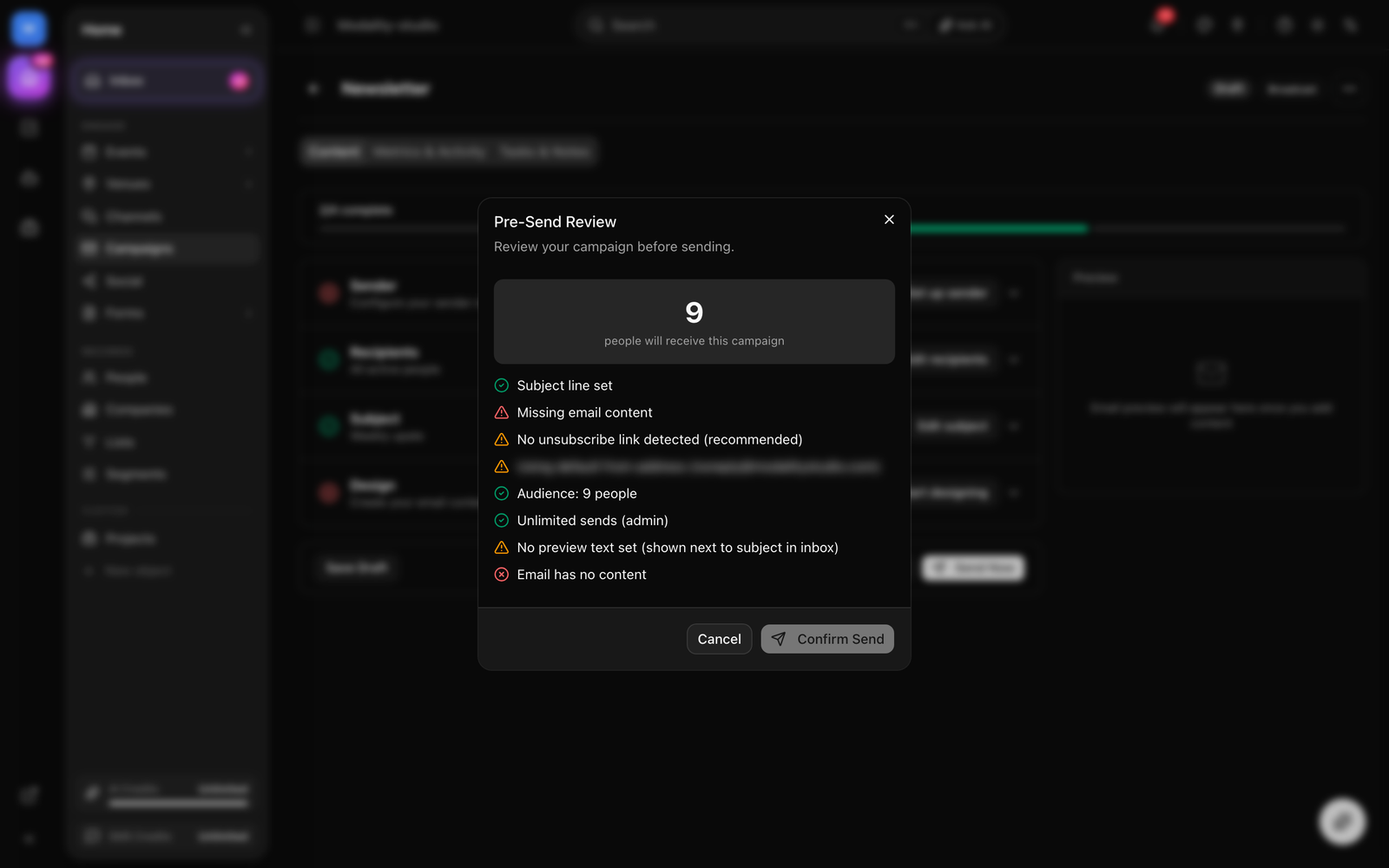 The pre-send review dialog listing screening findings grouped by severity, a red blocker and several dismissible warnings, with the Send button disabled until blockers clear.