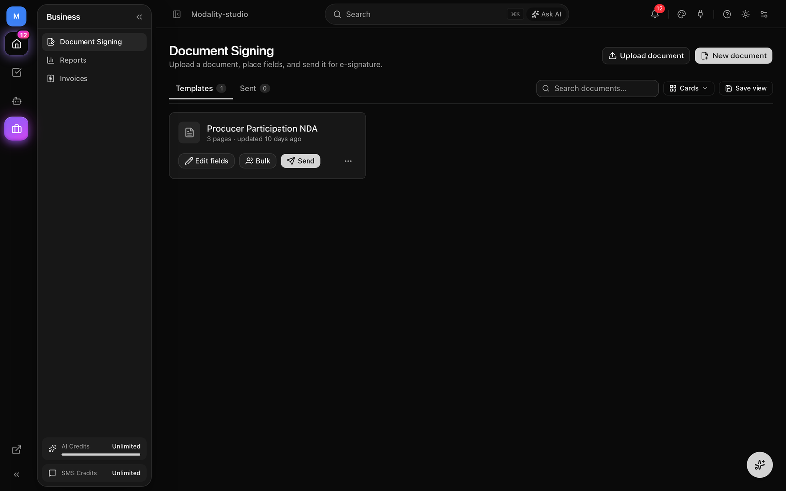 The Documents area showing the Templates tab (uploaded contracts with field layouts) and the Envelopes/Sent tab (in-flight and completed signature requests with their status).