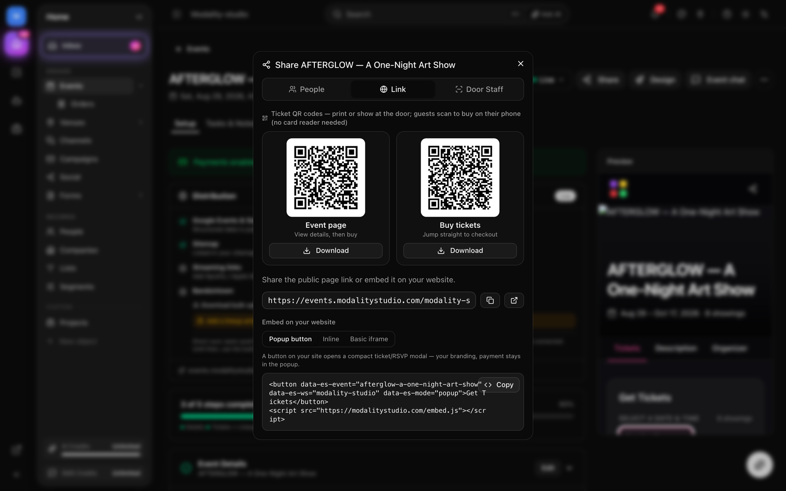 The Share dialog's Link tab showing the 'Embed on your website' section, the Popup button / Inline / Basic iframe mode toggle, the per-mode helper text, and the generated code block with the Copy button.