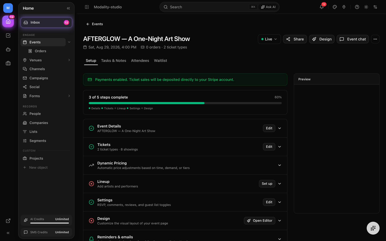 The event detail page showing title, dates, venue, ticket types, and the settings panels.