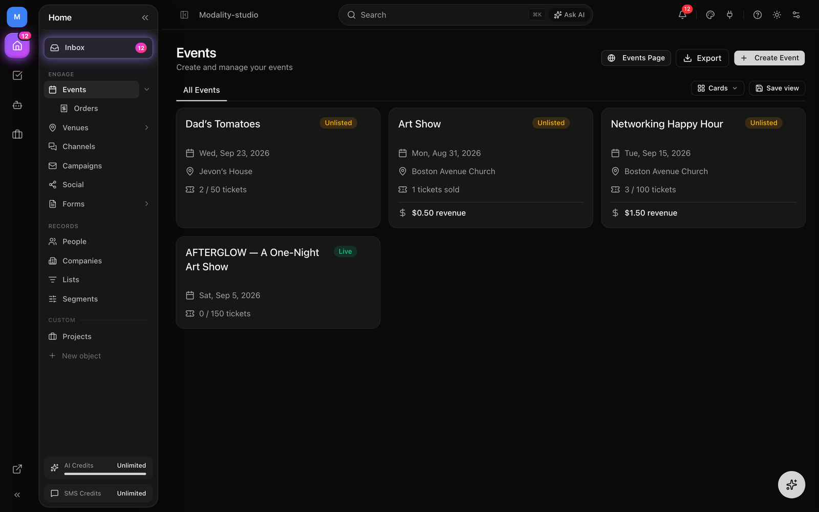 The Events list showing events with status badges, dates, ticket counts, and revenue.