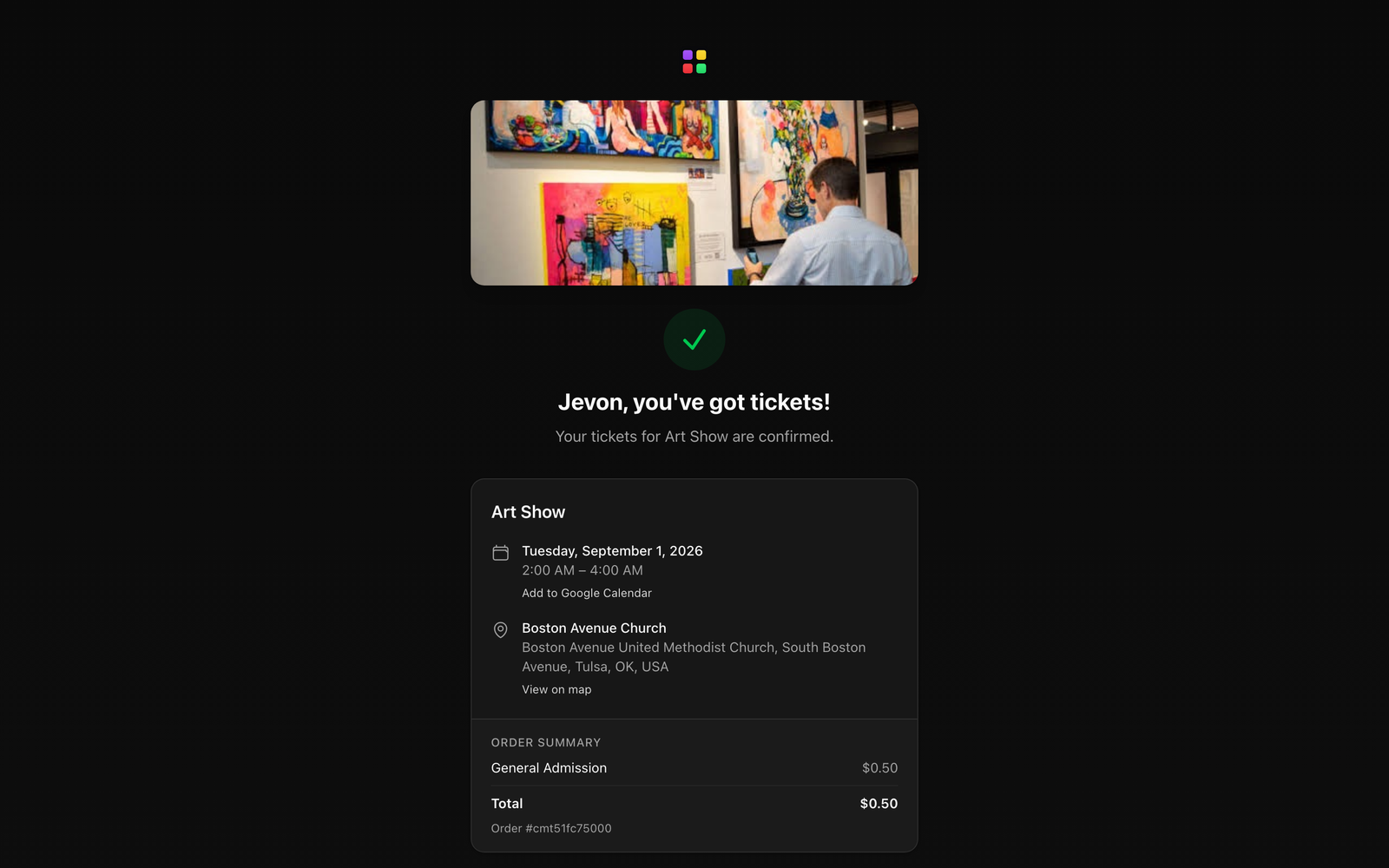 The ticket confirmation page showing the Download QR, Add to Apple Wallet, and Add to Google Wallet buttons on a ticket.