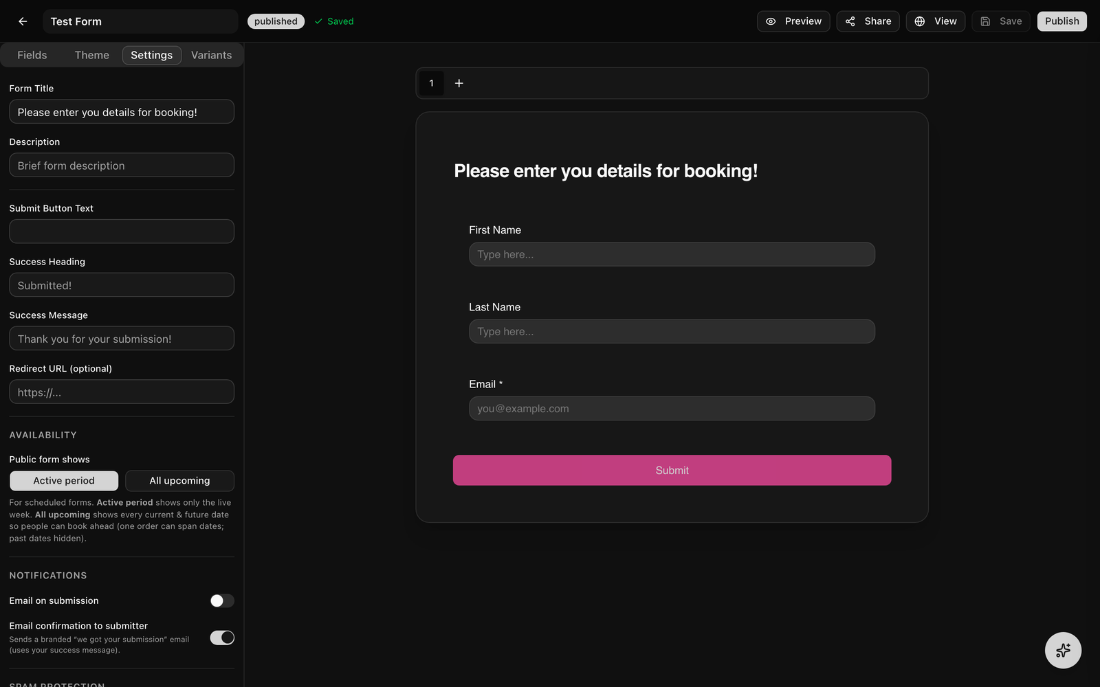 The Settings tab showing the Payments block (timing, currency, collect billing address) and, above it, the Linked Record Types mapping UI.
