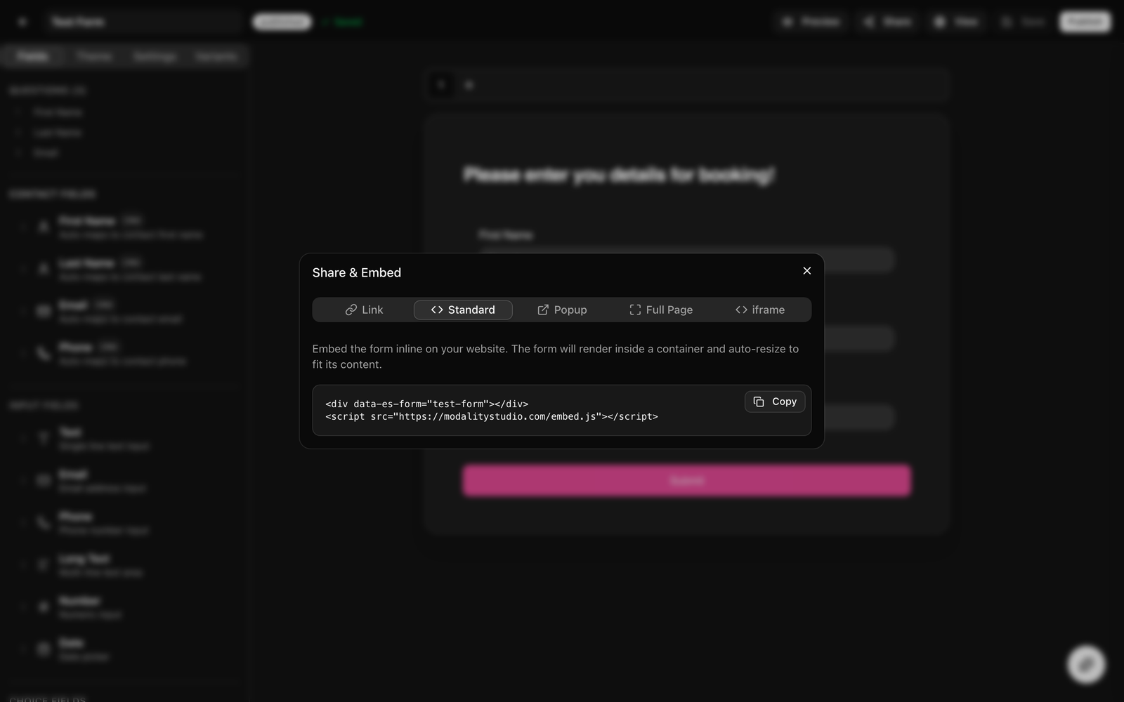 The Share & Embed dialog open on the Standard tab, all five tabs visible (Link, Standard, Popup, Full Page, iframe), the version selector, and the copyable embed snippet.