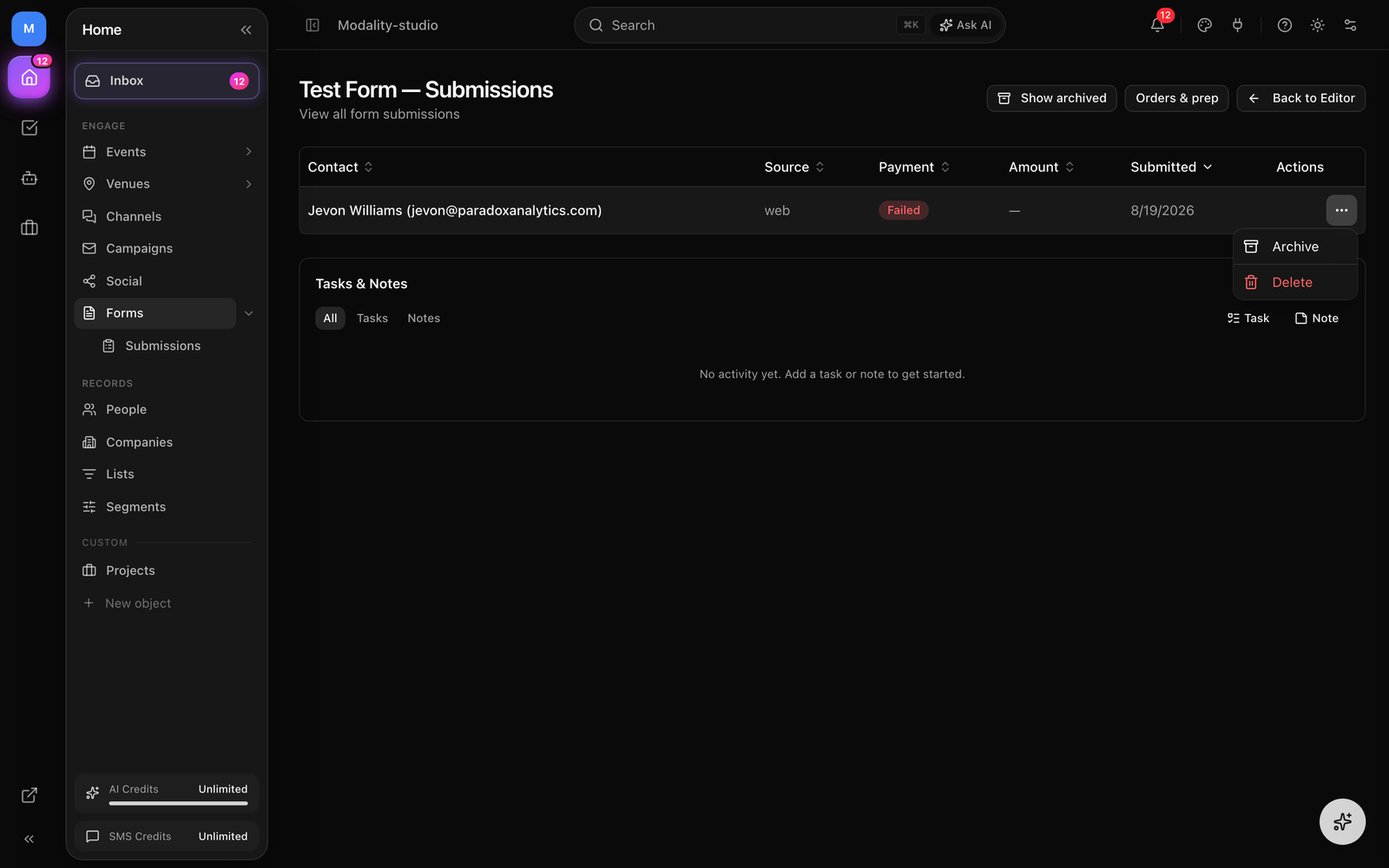 The Submissions table with payment-status badges, sortable column headers, and the row action menu open on Archive / Unarchive / Delete plus a copy-pay-link action.