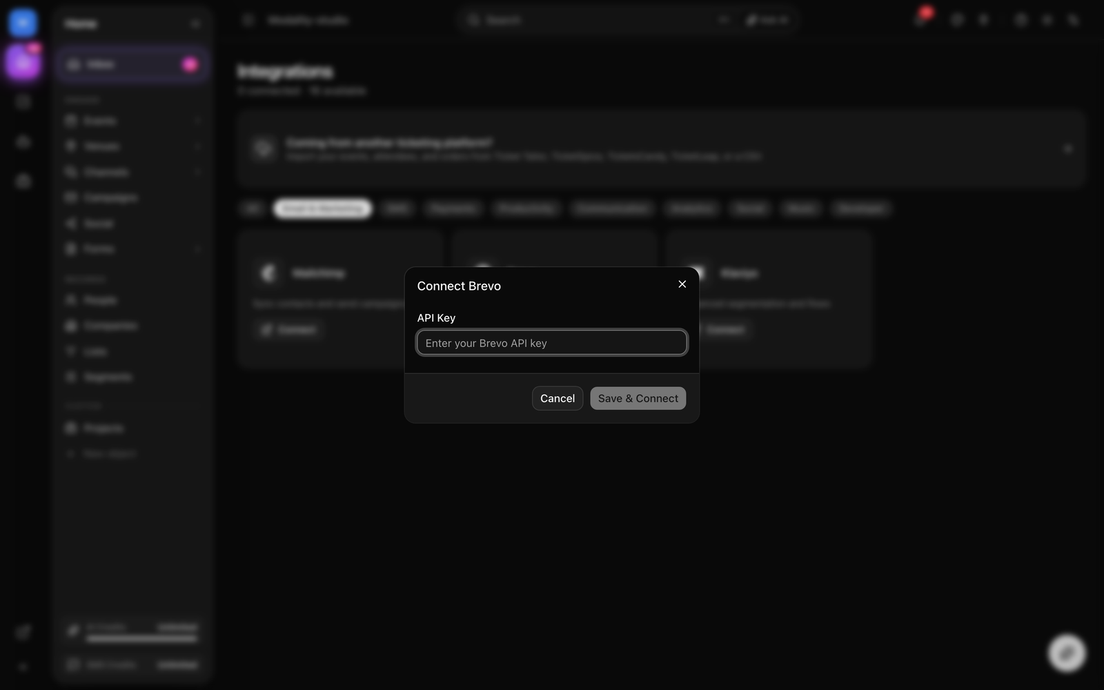 The ESP connect dialog for Klaviyo, the 'Connect with Klaviyo' OAuth button, the 'Use API key instead' fallback link, and (after connecting) the optional default-audience-list picker.