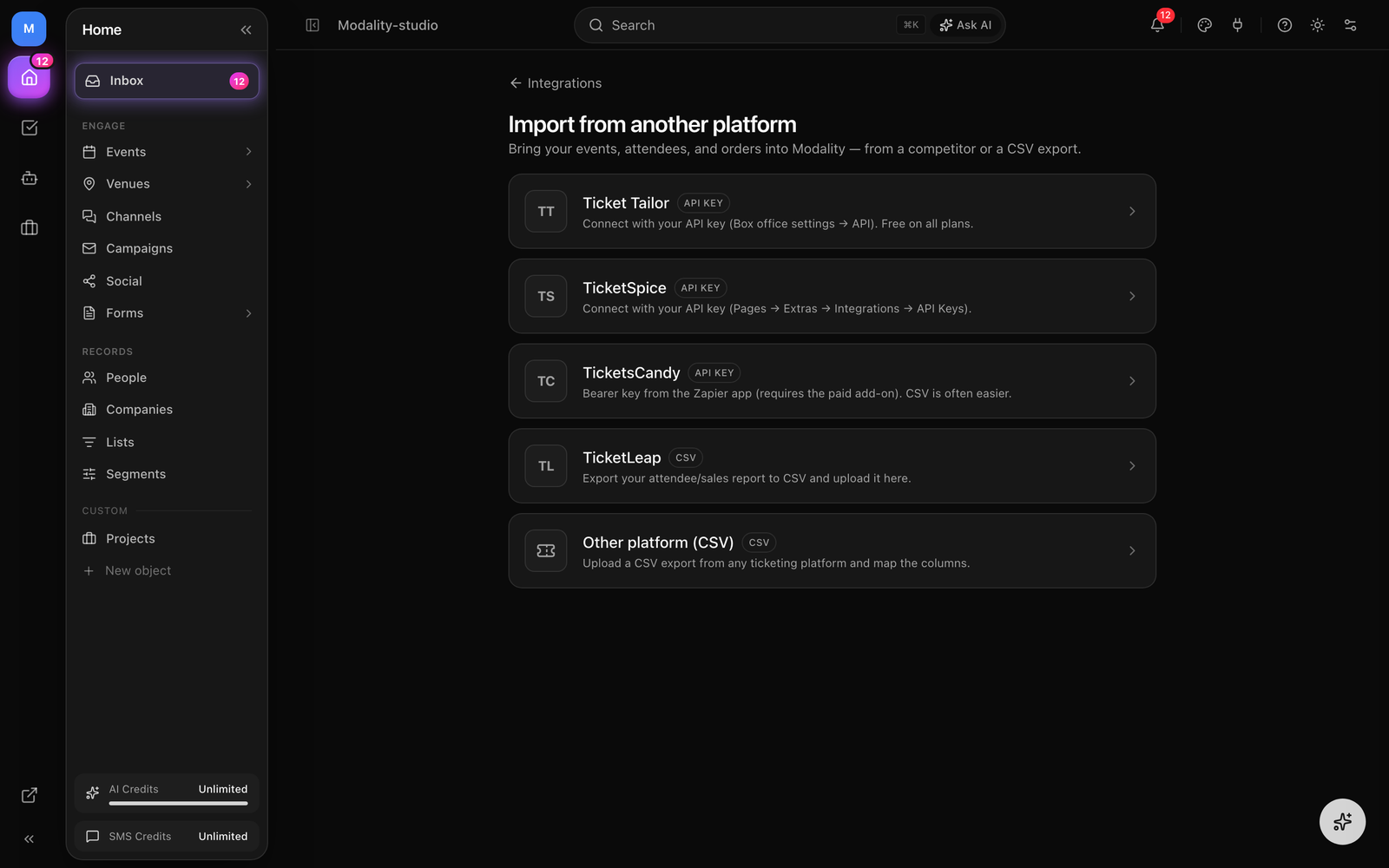The import wizard, choosing a source (Ticket Tailor / TicketSpice / TicketsCandy / TicketLeap / CSV), connecting, the preview list of found events with select-all, and the live 'Importing…' progress counting up events, orders, and attendees.