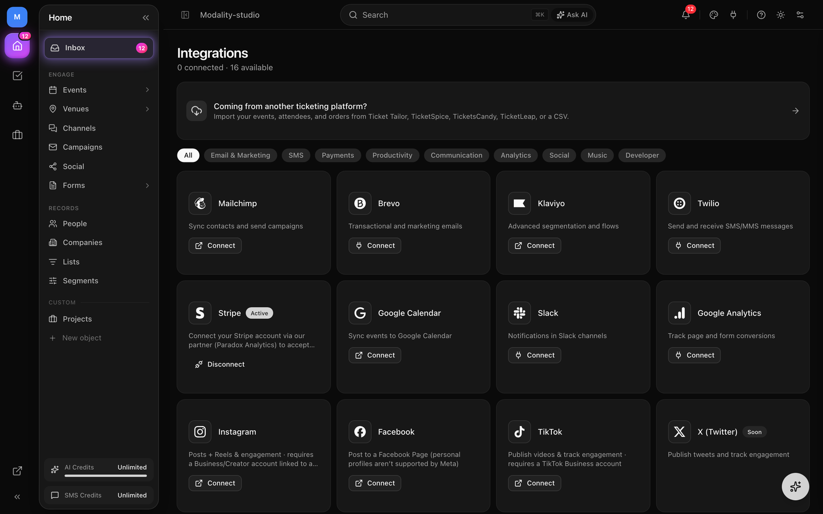 The Integrations page showing Instagram, Facebook, X, and LinkedIn cards with Connect buttons, and one connected account marked Active.