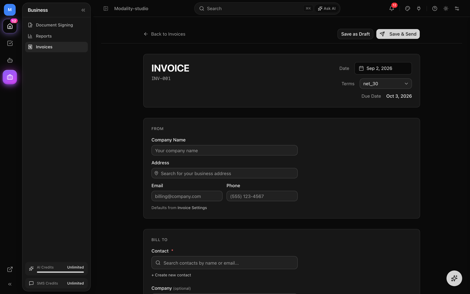 The New Invoice builder showing the From block, the Bill To contact/company search, the line-item table, and the right-aligned Subtotal / Discount / Tax / Balance Due summary.