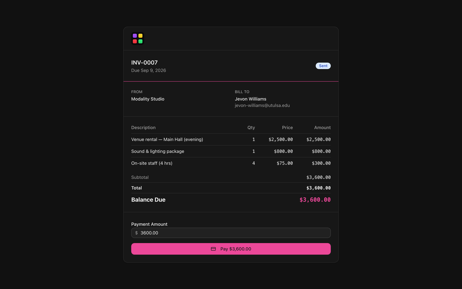 The public invoice payment page showing the branded header, line items and totals, the balance due, and the Stripe card payment section.