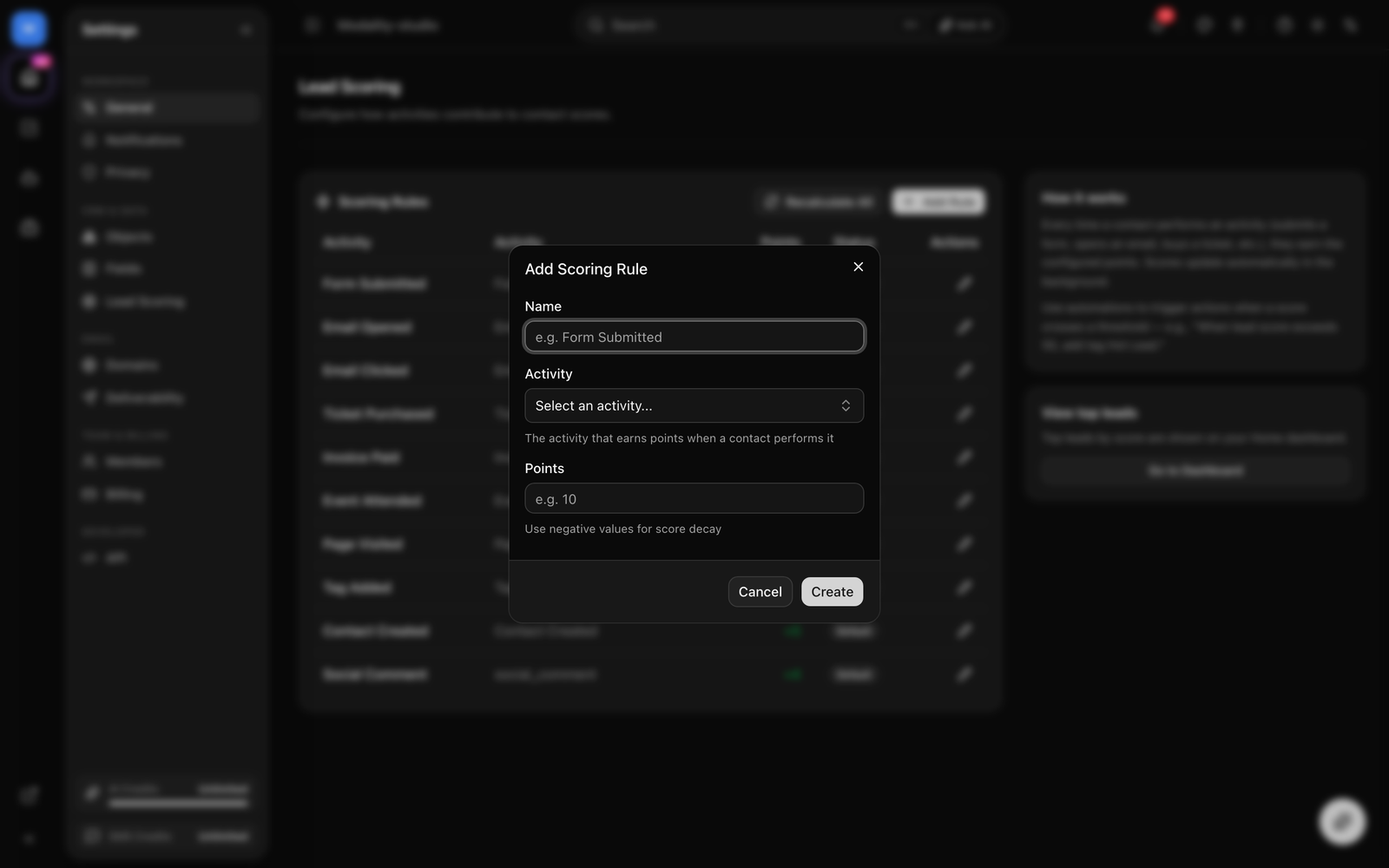 The Add / Edit Scoring Rule dialog showing the Name field, the Activity combobox, and the Points field with the 'Use negative values for score decay' helper text.