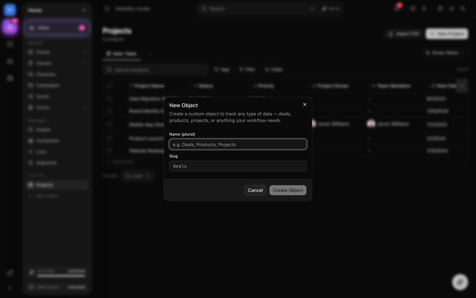 The object type creator dialog with the plural name, singular name, icon picker, and the auto-generated slug.