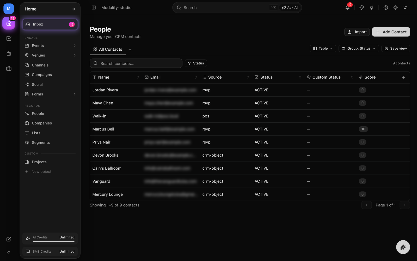 The People object open in Table view, spreadsheet grid with inline-editable cells, the filter/sort toolbar, tag badges, and the view tabs across the top.