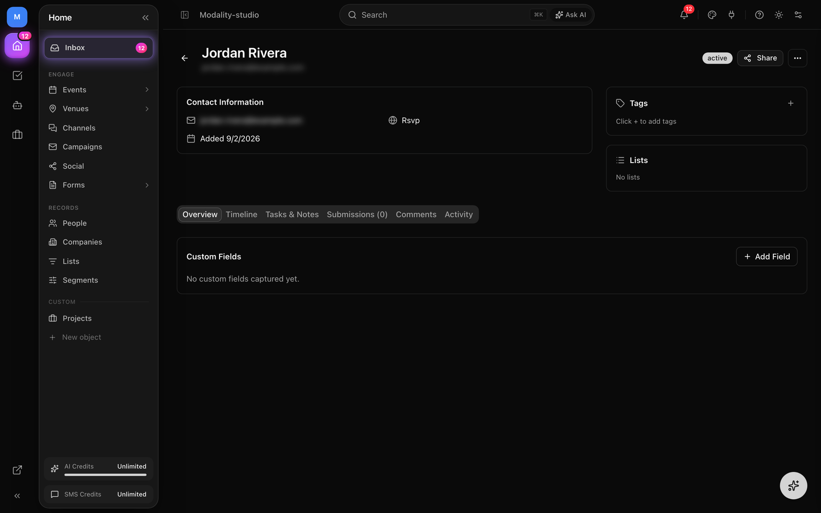 The record detail slide-out panel with grouped, editable field sections and the Save button, next to the full record page showing the Overview / Activity / Submissions / Tasks & Notes / Automations tabs.