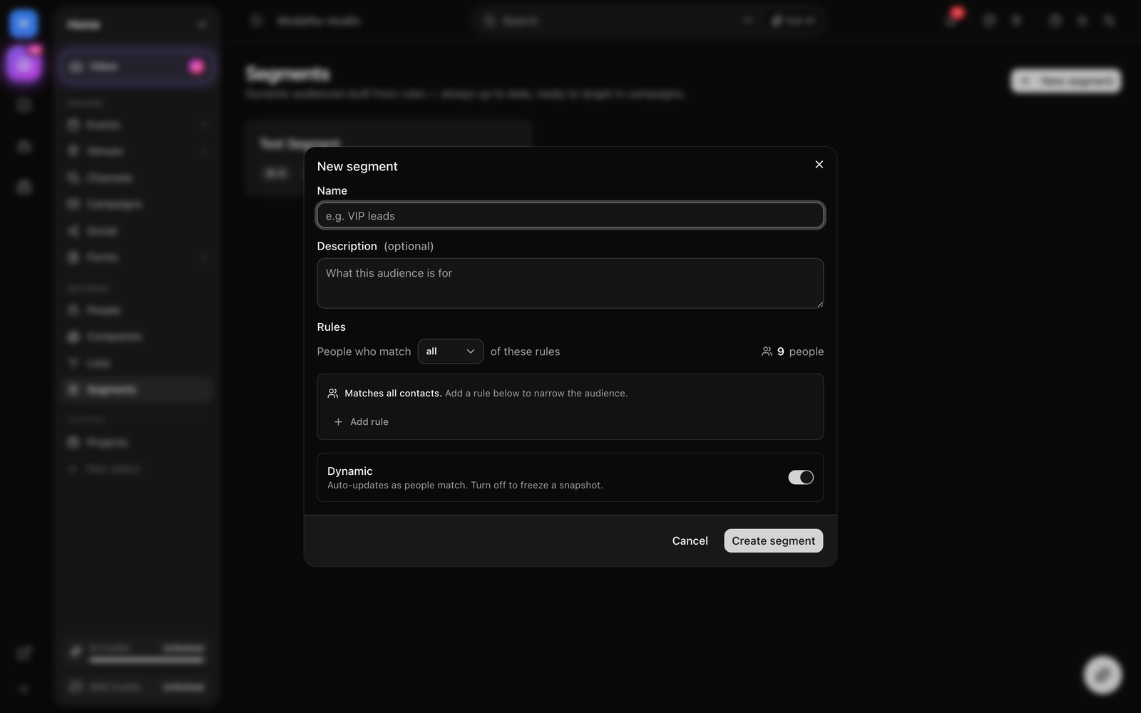 The New segment dialog with the name and description fields, the rule builder, the live “N people” count, and the Dynamic toggle.