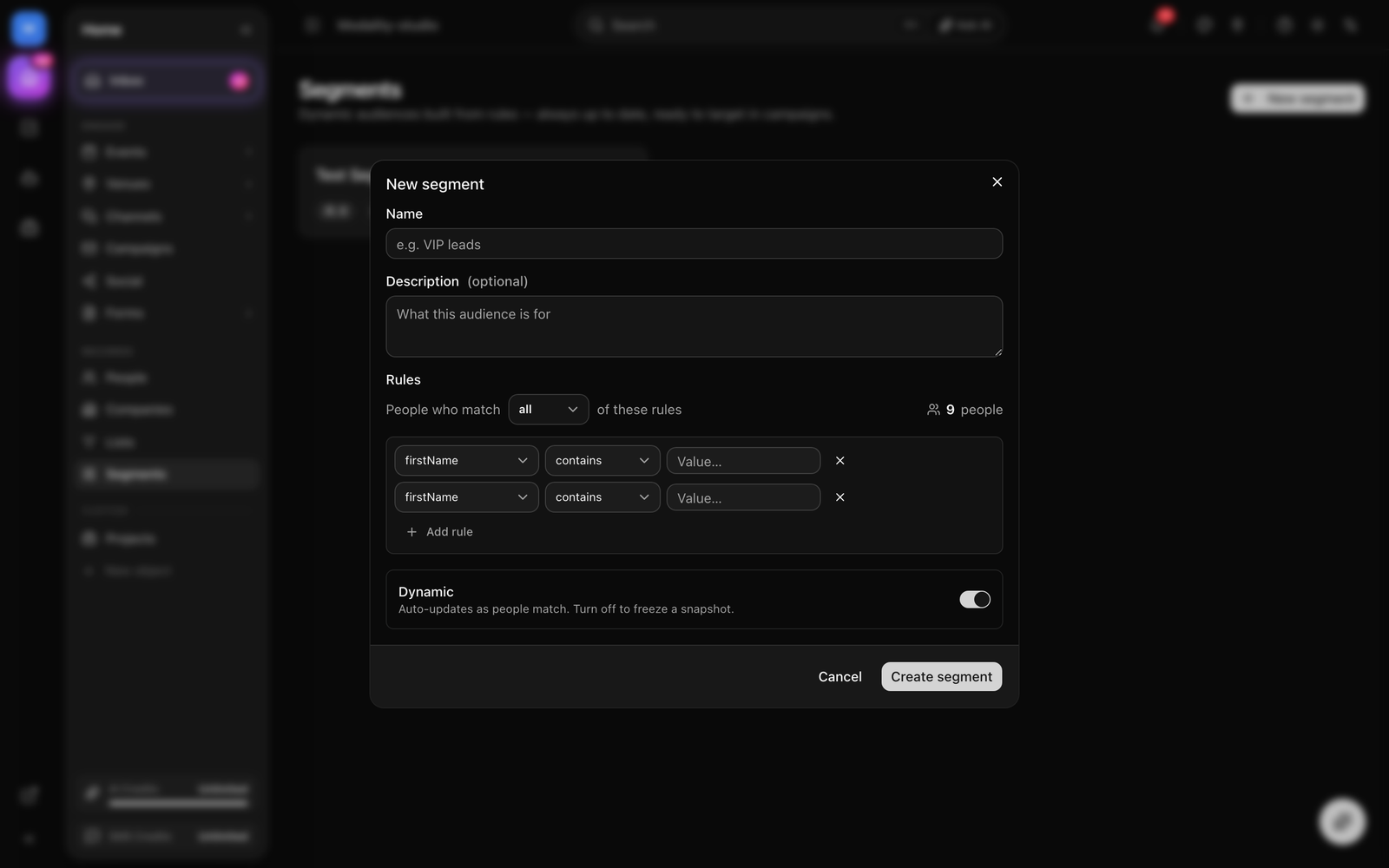 The rule builder with a two-rule segment set to Match ALL, a Tag “has tag VIP” rule and a behavioral “Made a paid order = no” rule, plus the live match count.