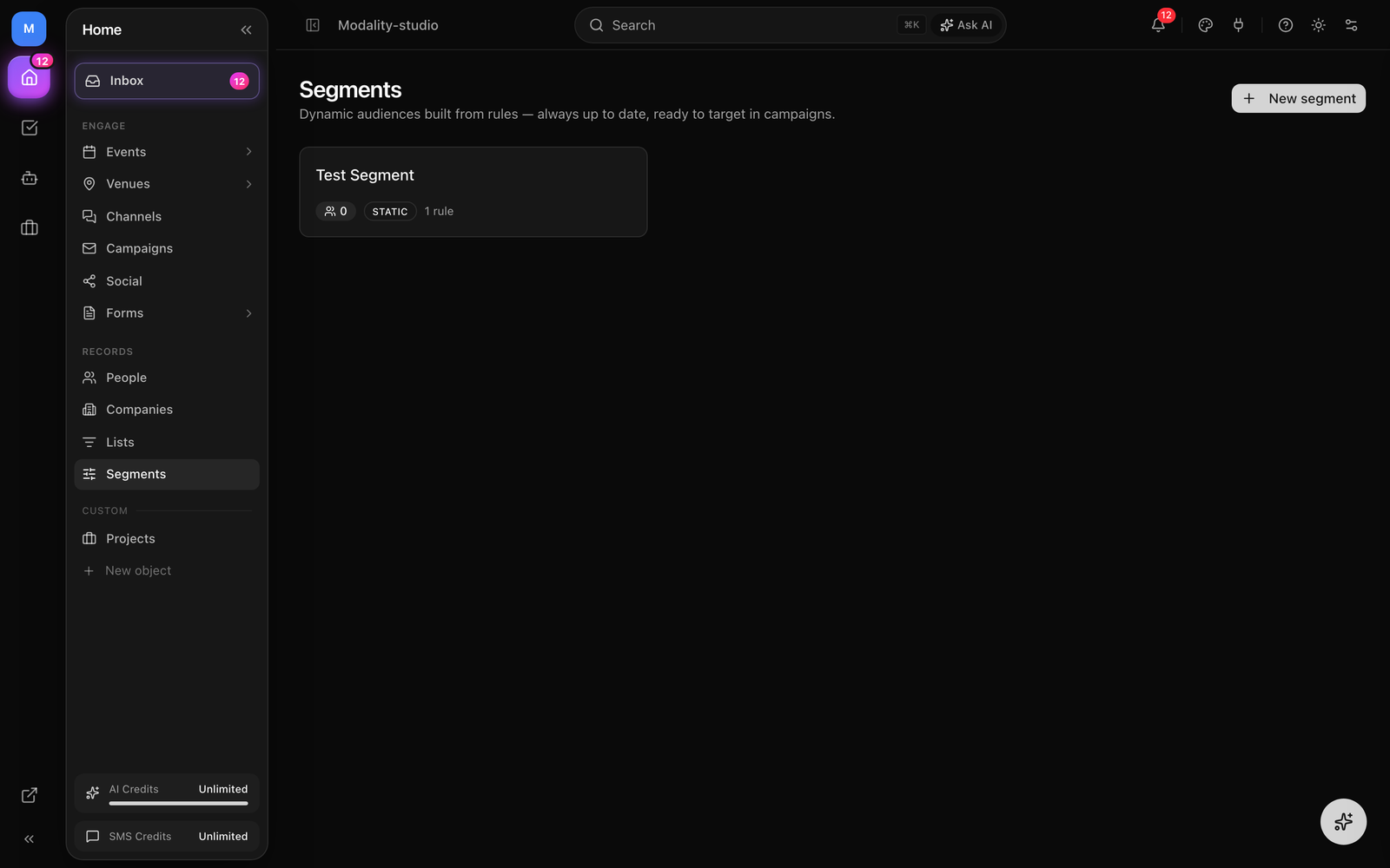 The Segments page (/segments) showing segment cards, each with a member-count badge, a Dynamic/Static badge, and a rule count.
