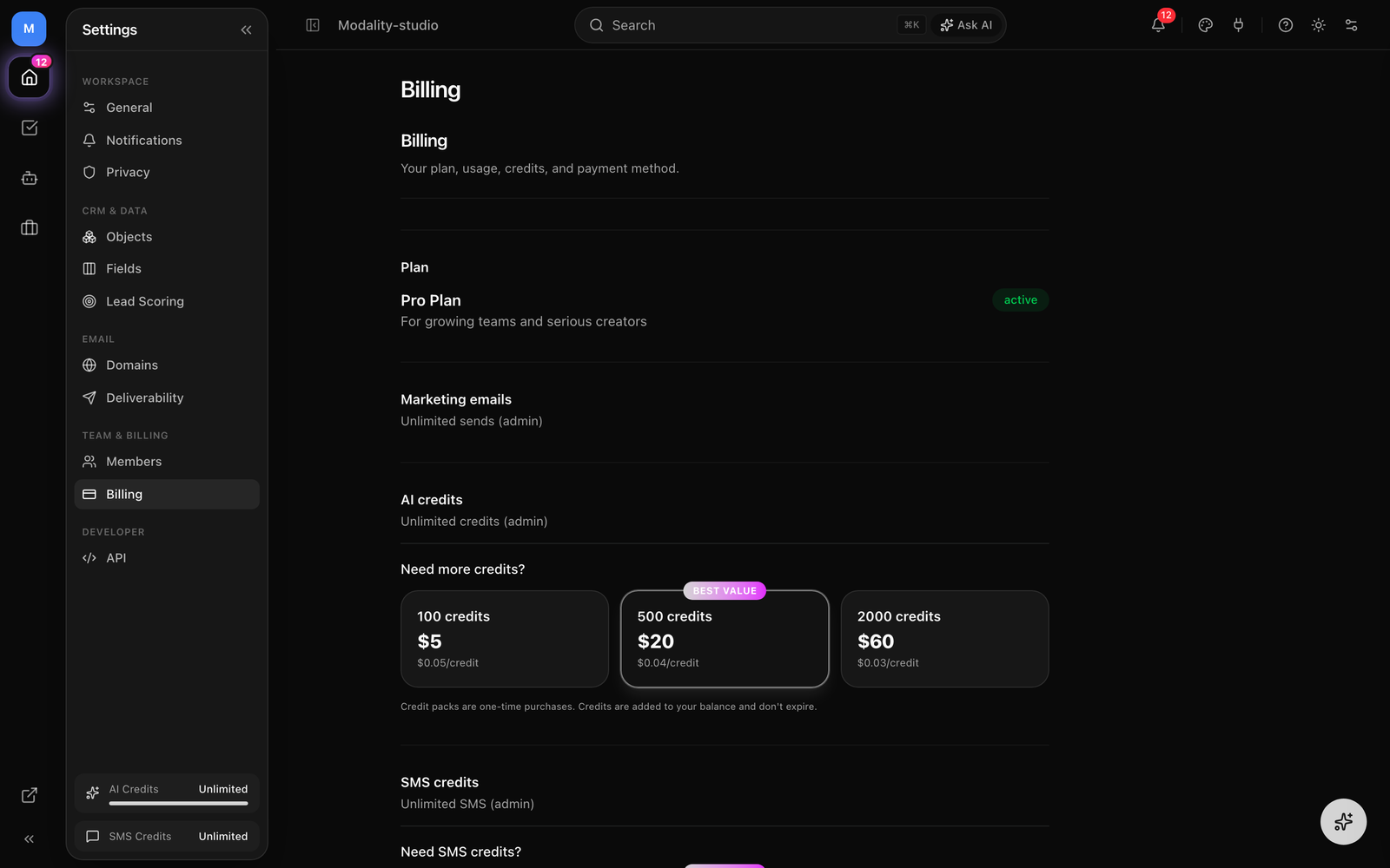 The Settings → Billing SMS usage panel showing included segments used vs. remaining, prepaid pack balance, and the buy-a-pack action.