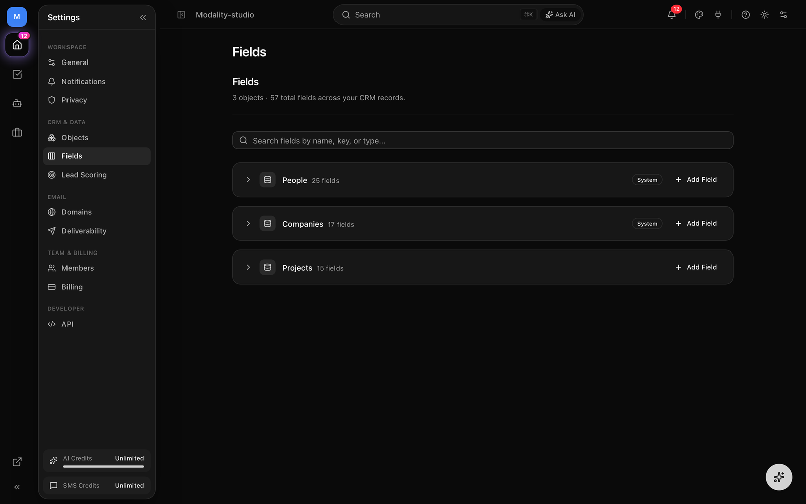 The Fields tab with an object section expanded, the field table (Name, Key, Type, Required, Unique, Primary, Actions), and the Add Field dialog open.