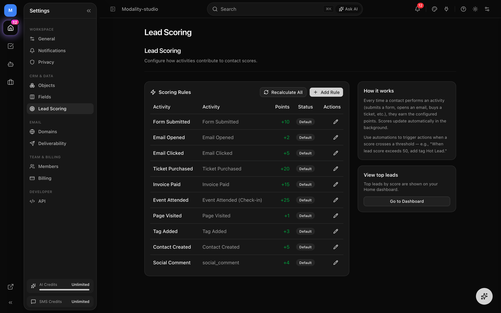 Settings β Lead Scoring showing the rules list (activity β points), the Add Rule dialog, and the Recalculate All button.