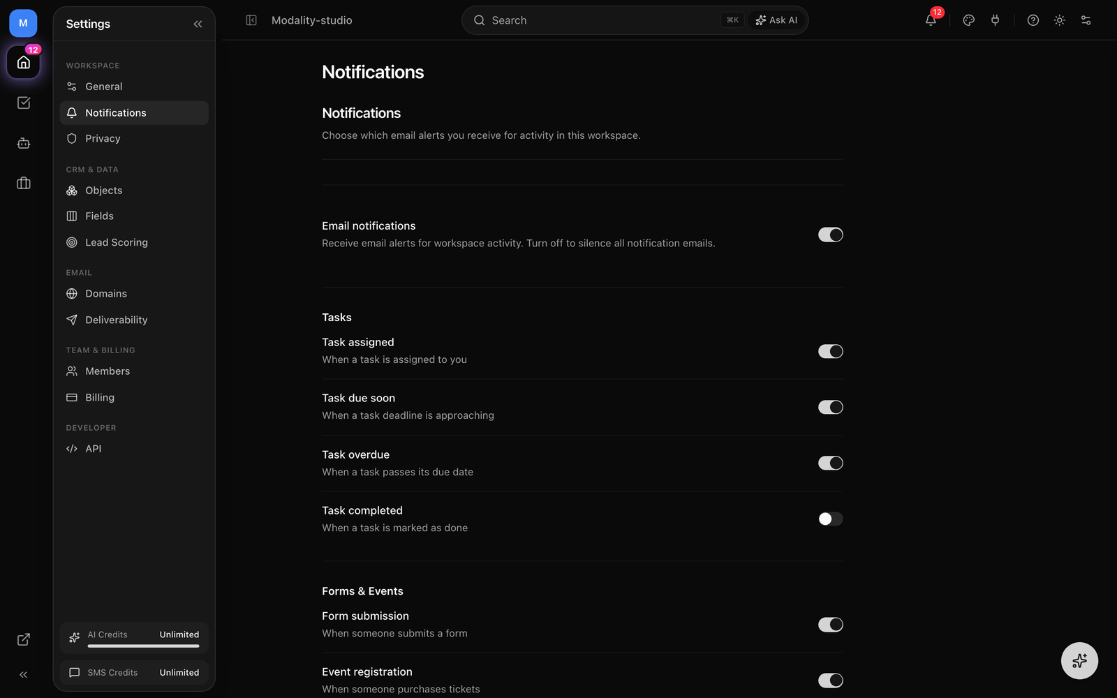 The Notifications tab with the master email switch on and the Tasks / Forms & Events / Activity / System category cards, each with per-type toggles.