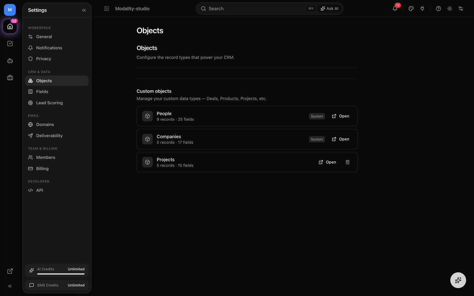 The Objects section in the sidebar showing the standard People and Companies objects plus a couple of custom object types, each with its own icon.
