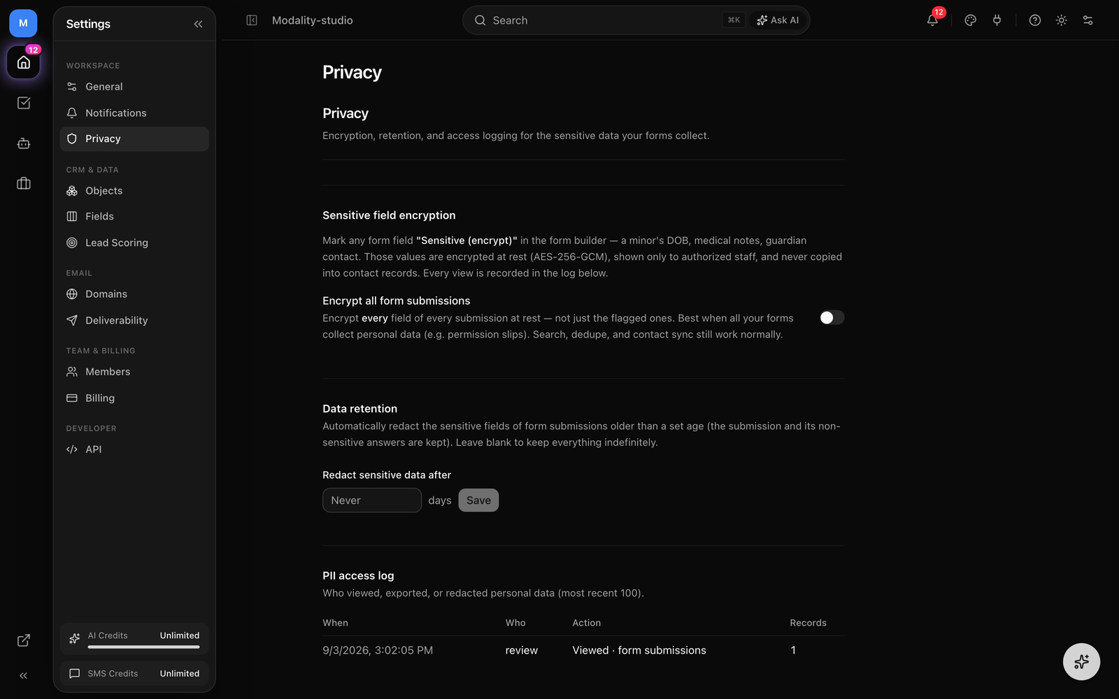 The Privacy tab showing the Sensitive field encryption card with the Encrypt-all switch, the Data retention days input, and the PII access log table (When / Who / Action / Records).