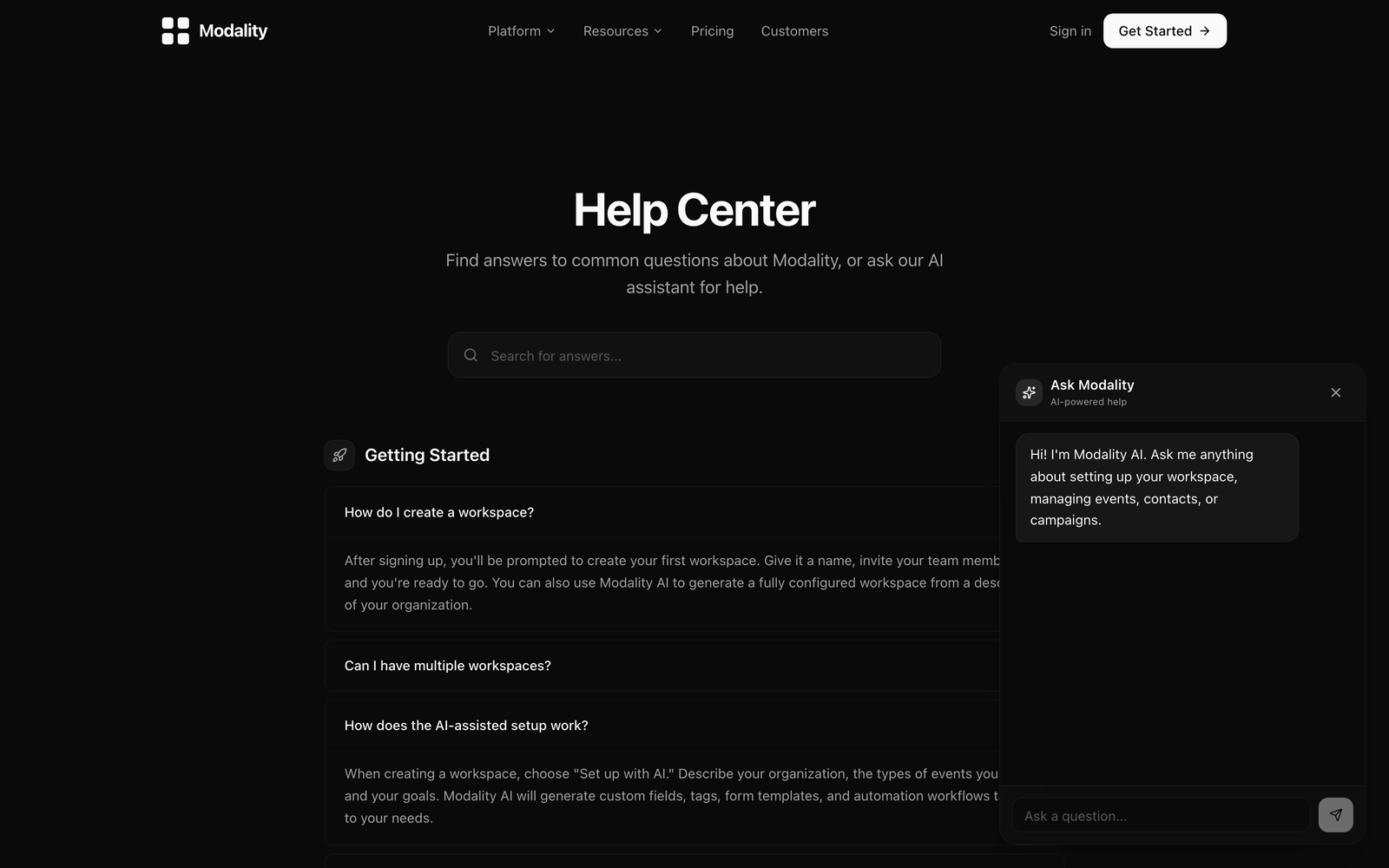 The public Help Center (/help) with the FAQ search box, a couple of expanded accordion answers, and the floating 'Ask Modality' AI chat panel open.