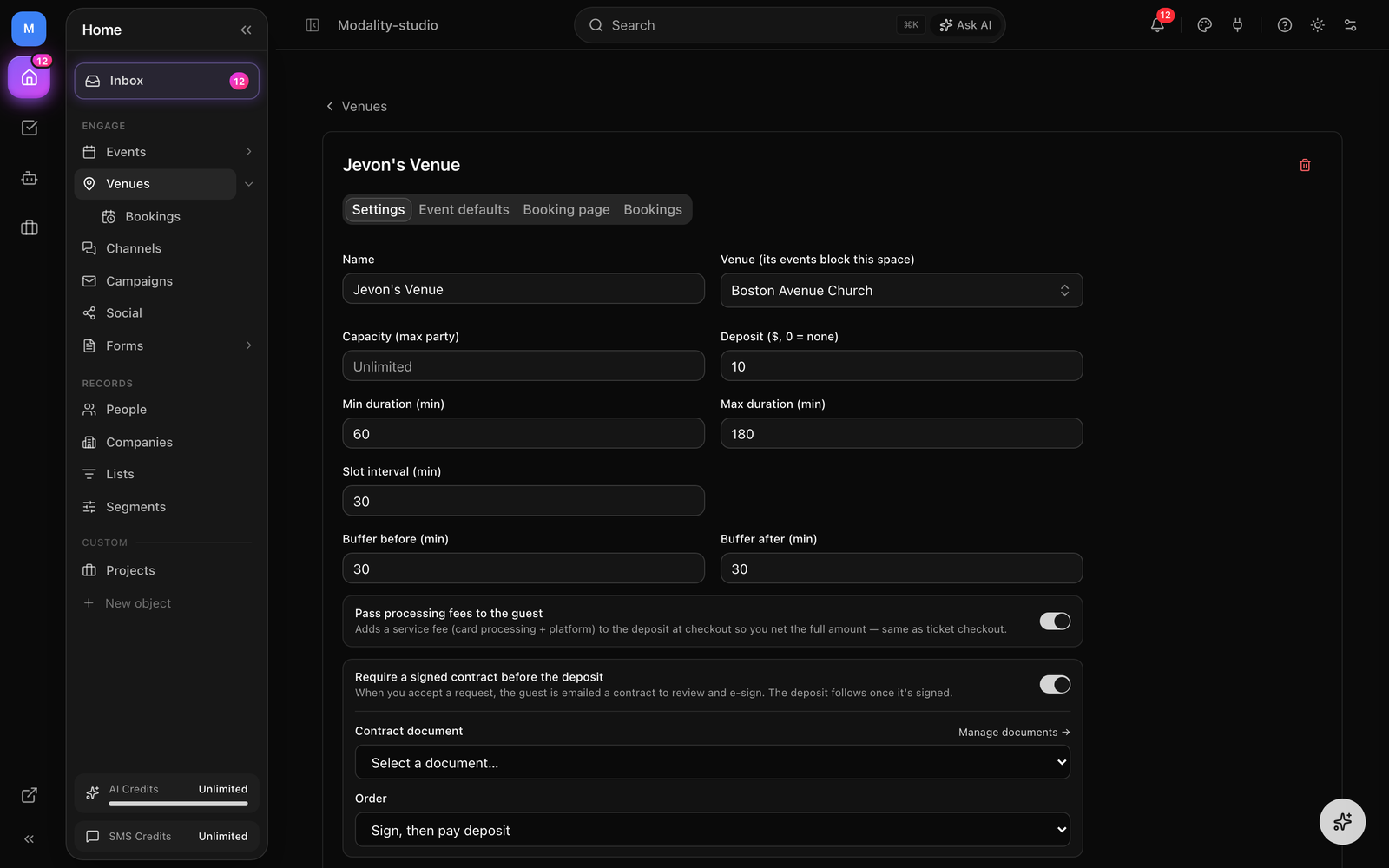 The venue Settings tab, capacity, deposit with 'pass fees' toggle, durations/buffers, the per-weekday Open hours rows, and the 'Require a signed contract' panel.