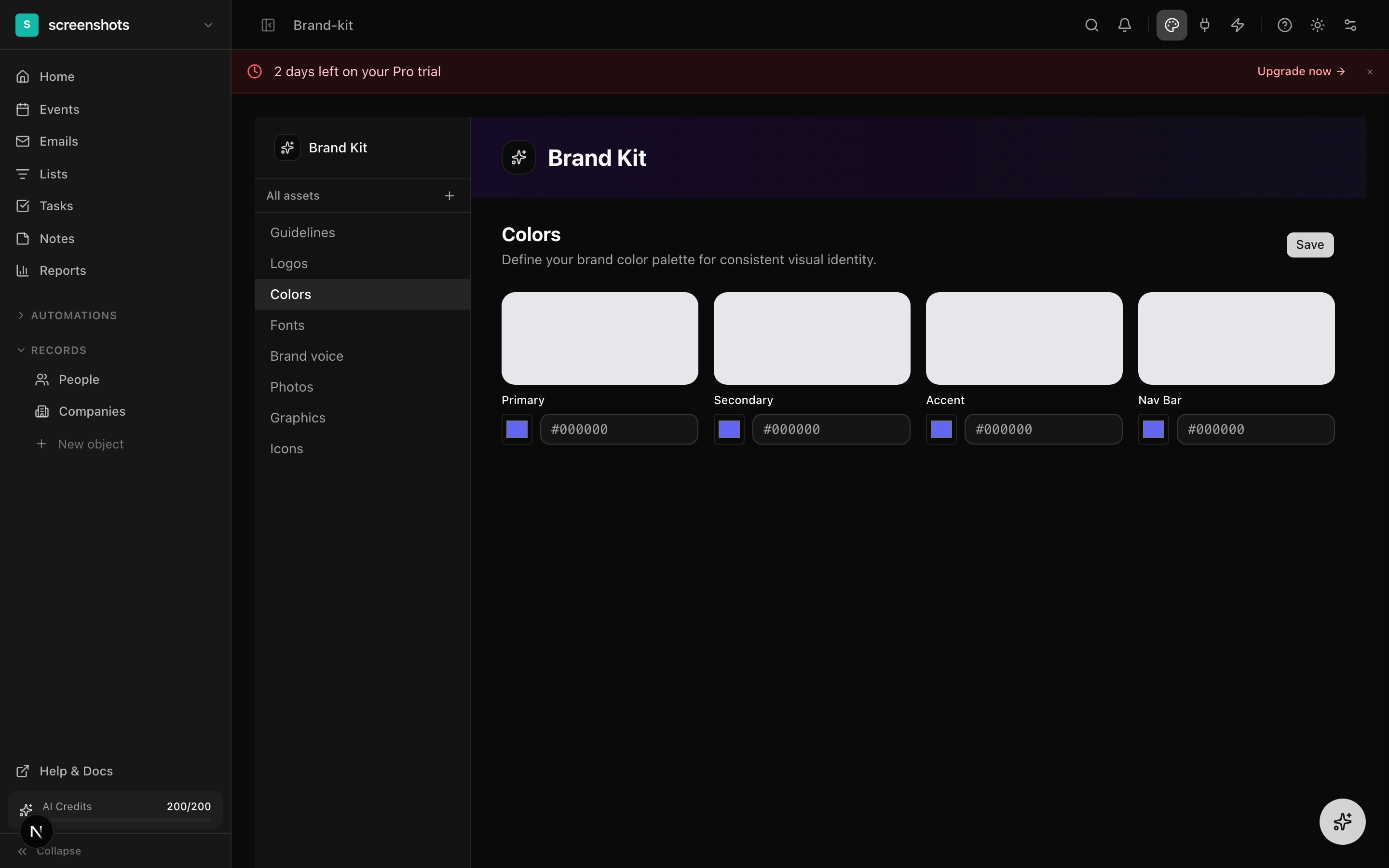 Brand Kit colors section with editable swatches and palette preview