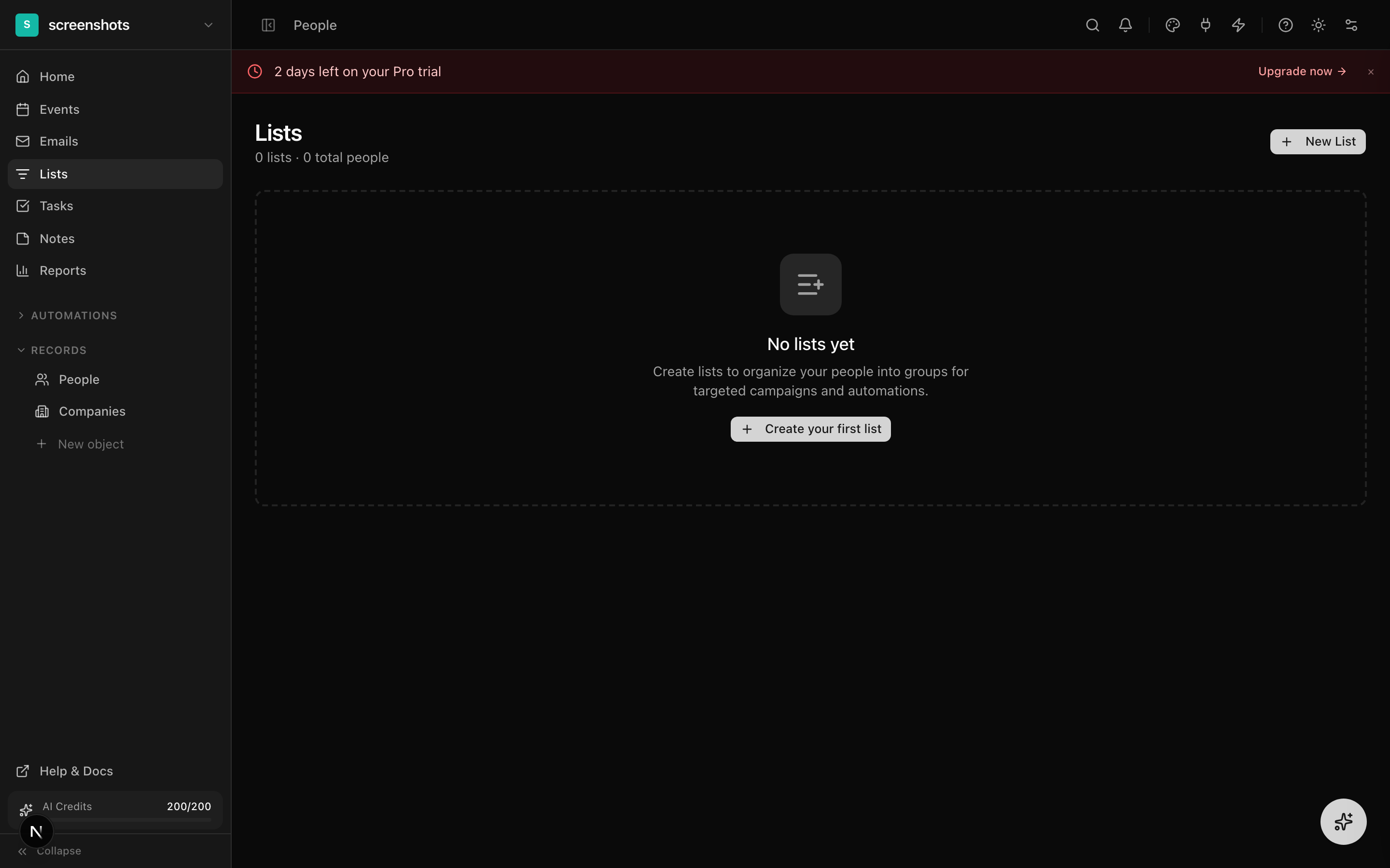 Lists management page with card and table views