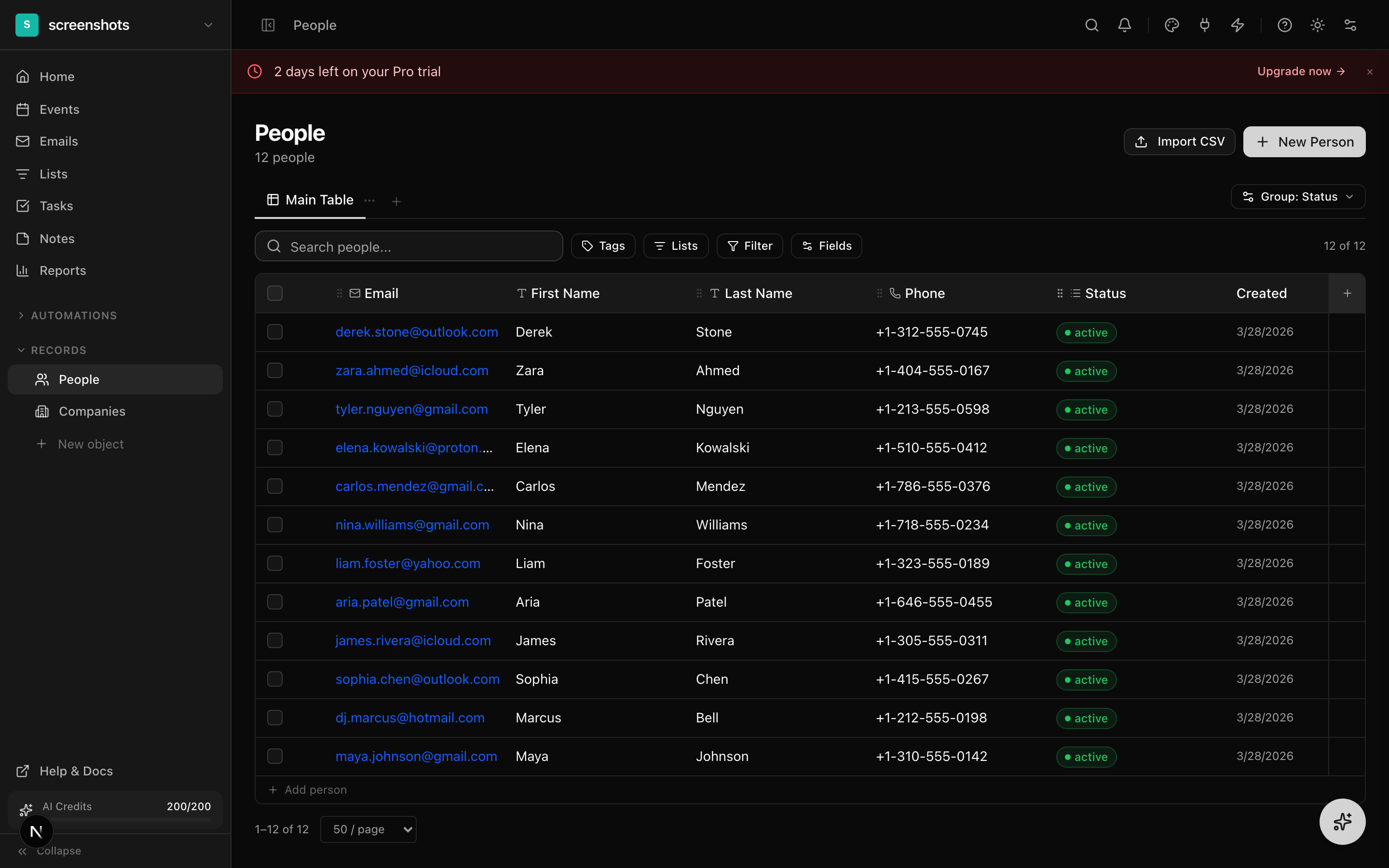 People table view with spreadsheet-style editing, filters, tags, and grouping