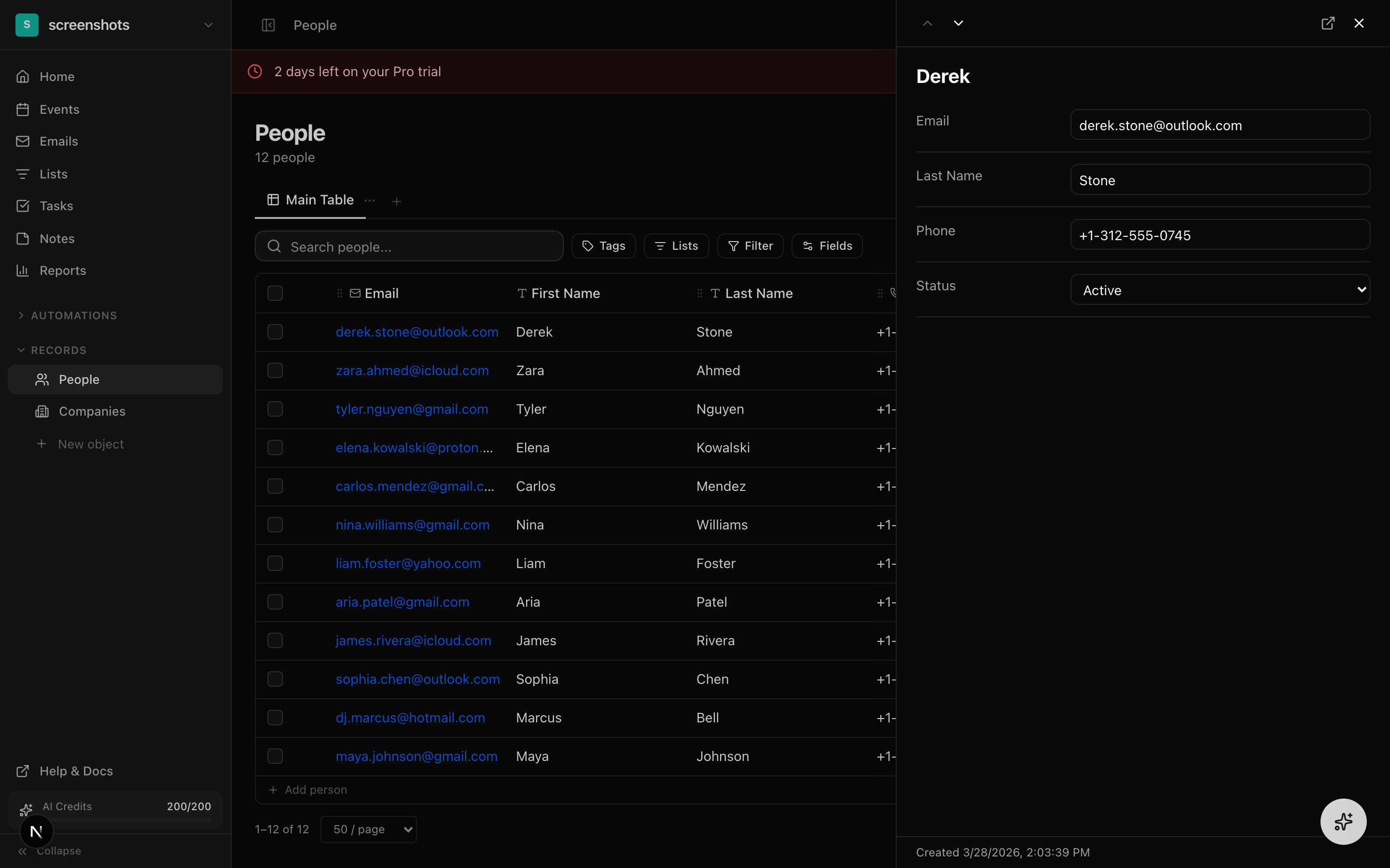 Record detail slide-out panel showing all fields with inline editing