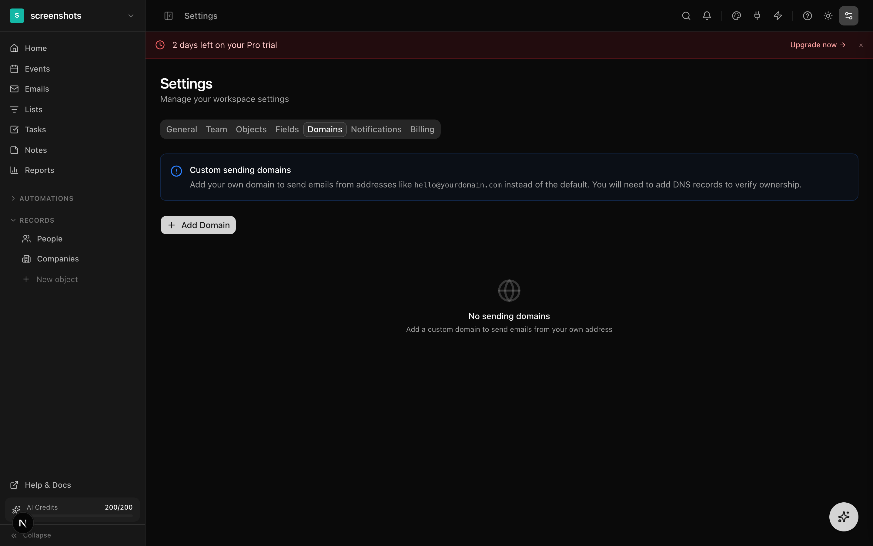 Domain settings page with DKIM/SPF verification status