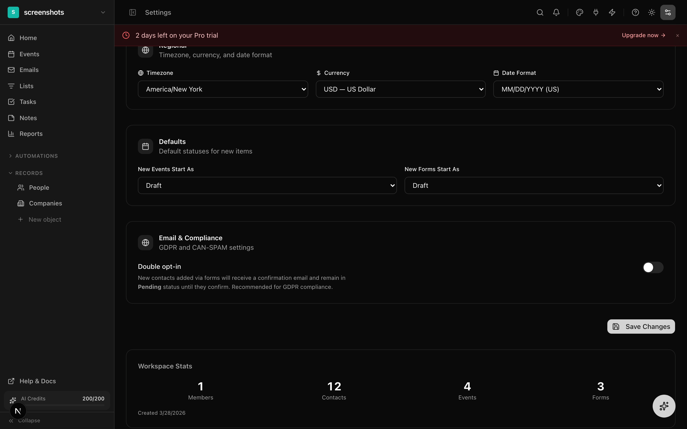 Email & Compliance settings with double opt-in toggle